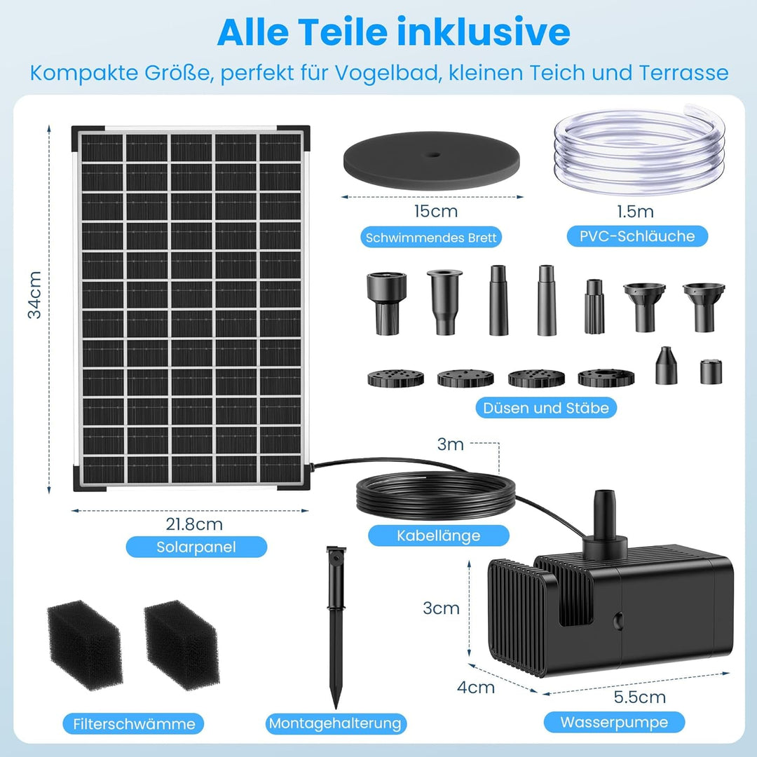 Biling 12W Solar Springbrunnen für aussen mit 5000 mAh Akku, Leise 300 l/h Teichpumpe Solar mit 8 Dü