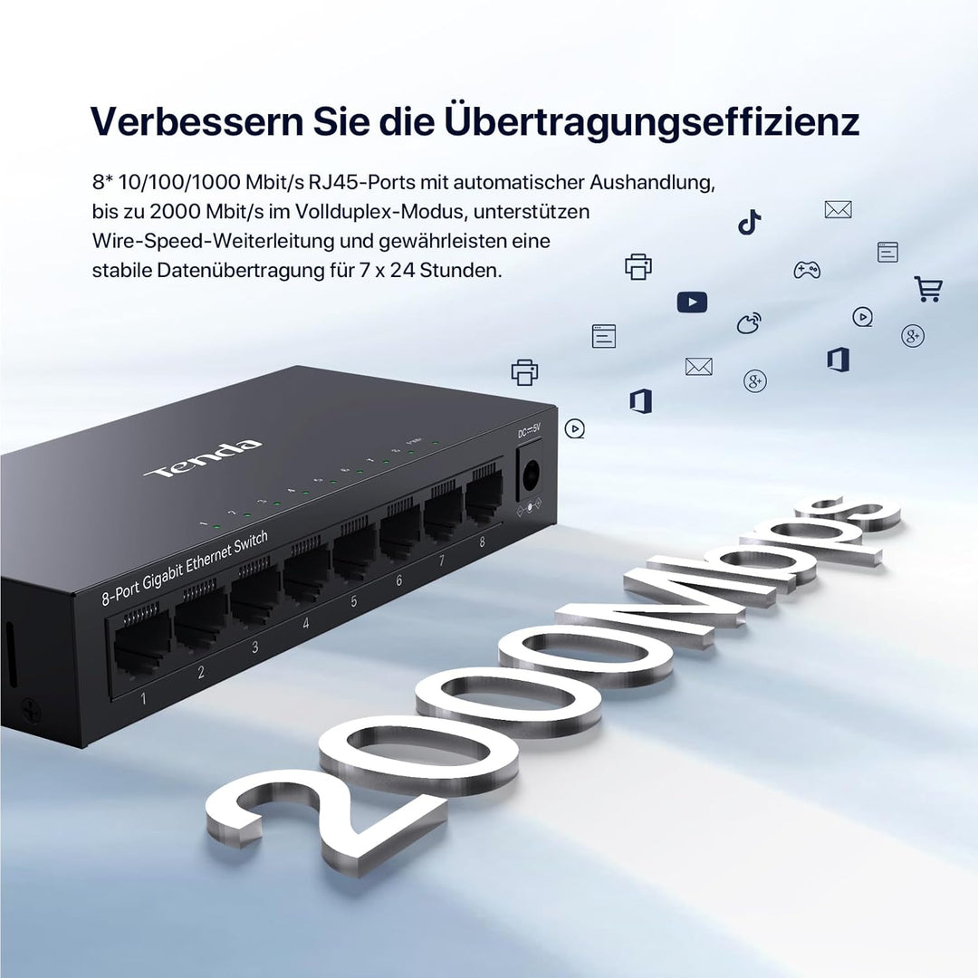 Tenda LAN Switch 8 Port Gigabit Netzwerk Switch Ethernet Splitter (IGMP-Snooping, QoS, Plug-and-Play