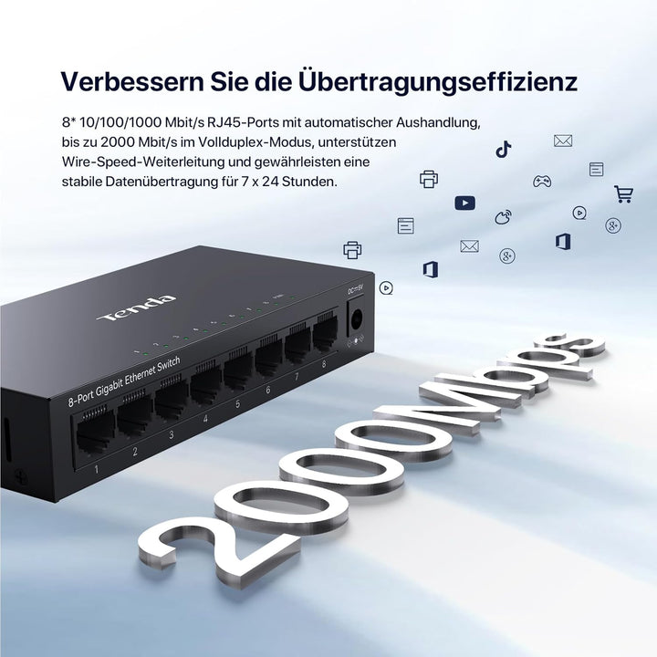 Tenda LAN Switch 8 Port Gigabit Netzwerk Switch Ethernet Splitter (IGMP-Snooping, QoS, Plug-and-Play