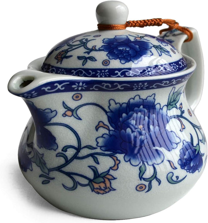 Yxhupot Teekanne 425 ml Blau Weiss Porzellan China Edelstahl Infuser Blume (Cihu Mudan), Weiss