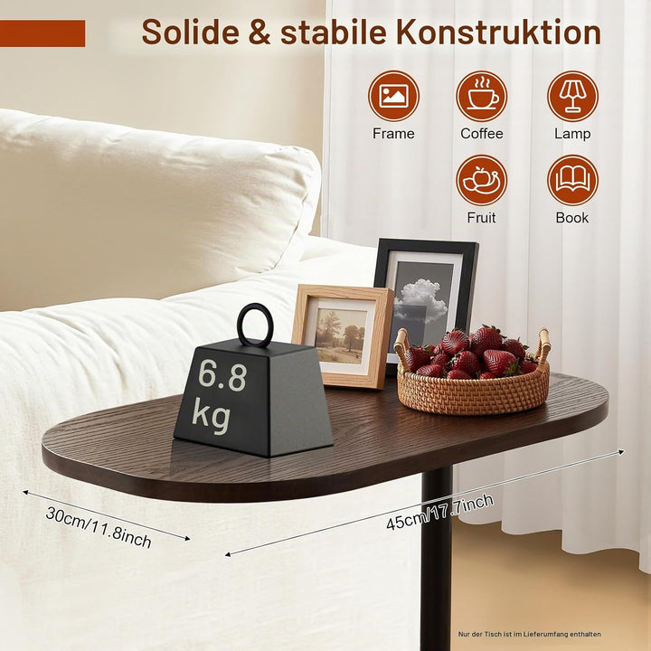 45-80 cm Einstellbare Höhe C Mobiler Schreibtisch, Holz Beistelltische mit Rollen, C-Form Laptoptisc
