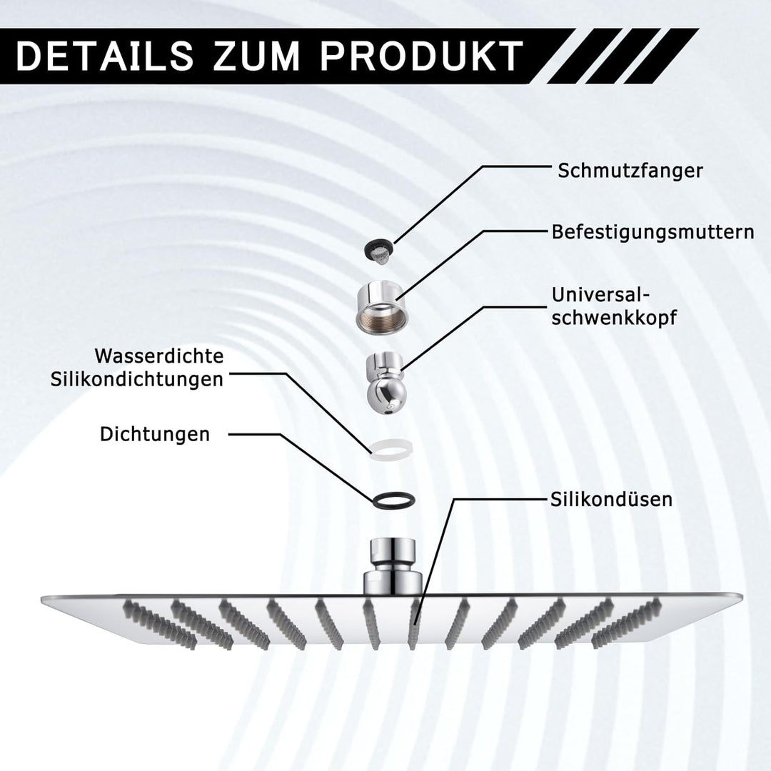 DETBOM 16 Zoll Regendusche quadratischer Duschkopf aus Edelstahl 304, Anti-Kalk-Düsen Duschkopf Wass