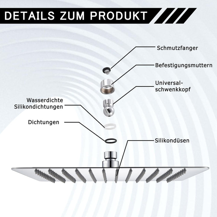 DETBOM 16 Zoll Regendusche quadratischer Duschkopf aus Edelstahl 304, Anti-Kalk-Düsen Duschkopf Wass