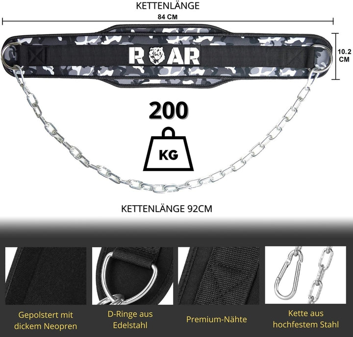 Roar® Gym Belt Men, Gym Gürtel, Gürtel Gewichtheben, Gewicht Gürtel Mit Kette, Dip Belt, Gürtel Fitn