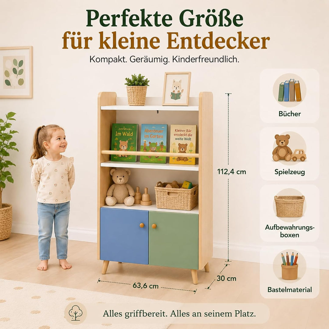ALVIX Montessori Kinderregal mit 2 Türen und frontaler Buchablage | Bücherregal für Kinder, Spielzeu
