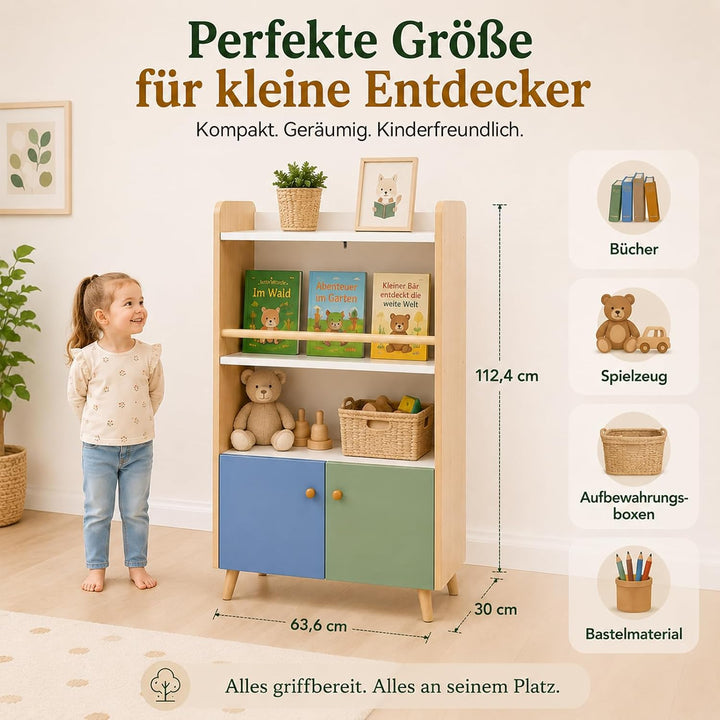 ALVIX Montessori Kinderregal mit 2 Türen und frontaler Buchablage | Bücherregal für Kinder, Spielzeu