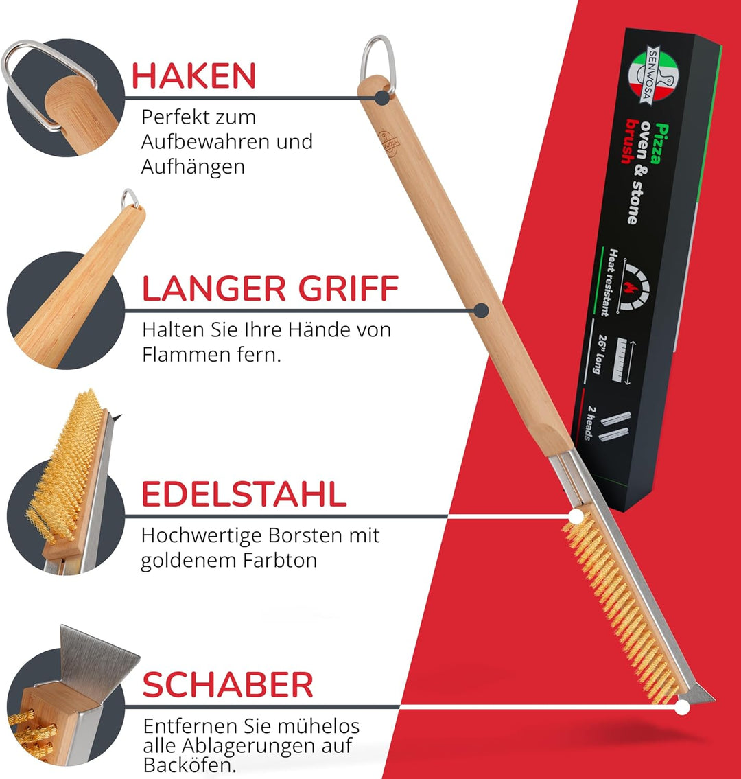 Pizzaofenbürste 66 cm mit Schaber & Ersatzkopf – Reinigungsbürste mit Edelstahlborsten für Pizzaofen