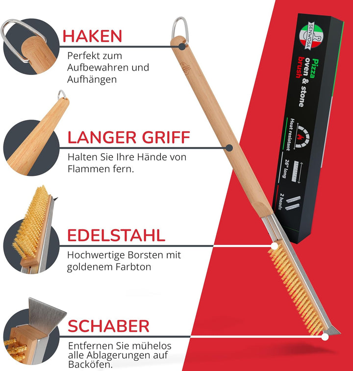 Pizzaofenbürste 66 cm mit Schaber & Ersatzkopf – Reinigungsbürste mit Edelstahlborsten für Pizzaofen