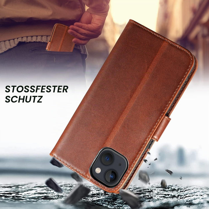 LENSUN Echtleder Hülle für iPhone 13 5G, Handyhülle [Echtes Leder][Magnetverschluss][RFID Schutz] Ha
