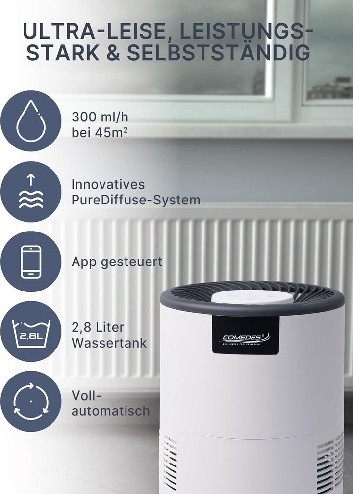 Comedes Umecto 300, für Räume bis 45m², Kaltverdunstung, Tank 2,8 l, Befeuchtungsleistung bis zu 300