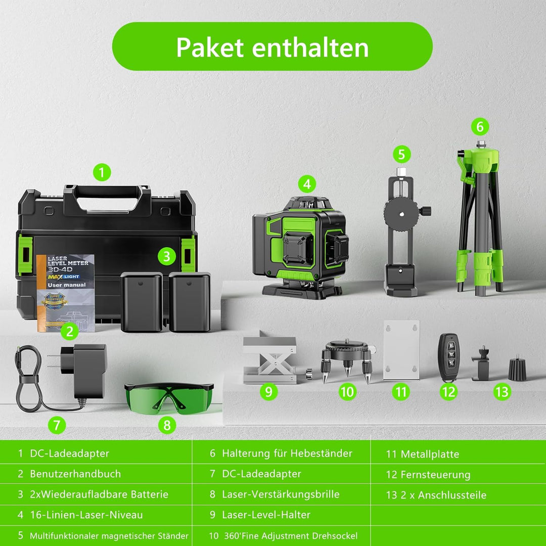 Kreuzlinienlaser Grün 16 Linien Nivellierlaser, 4 x 360 ° Laser Wasserwaage, Linienlaser Kreuzlaser
