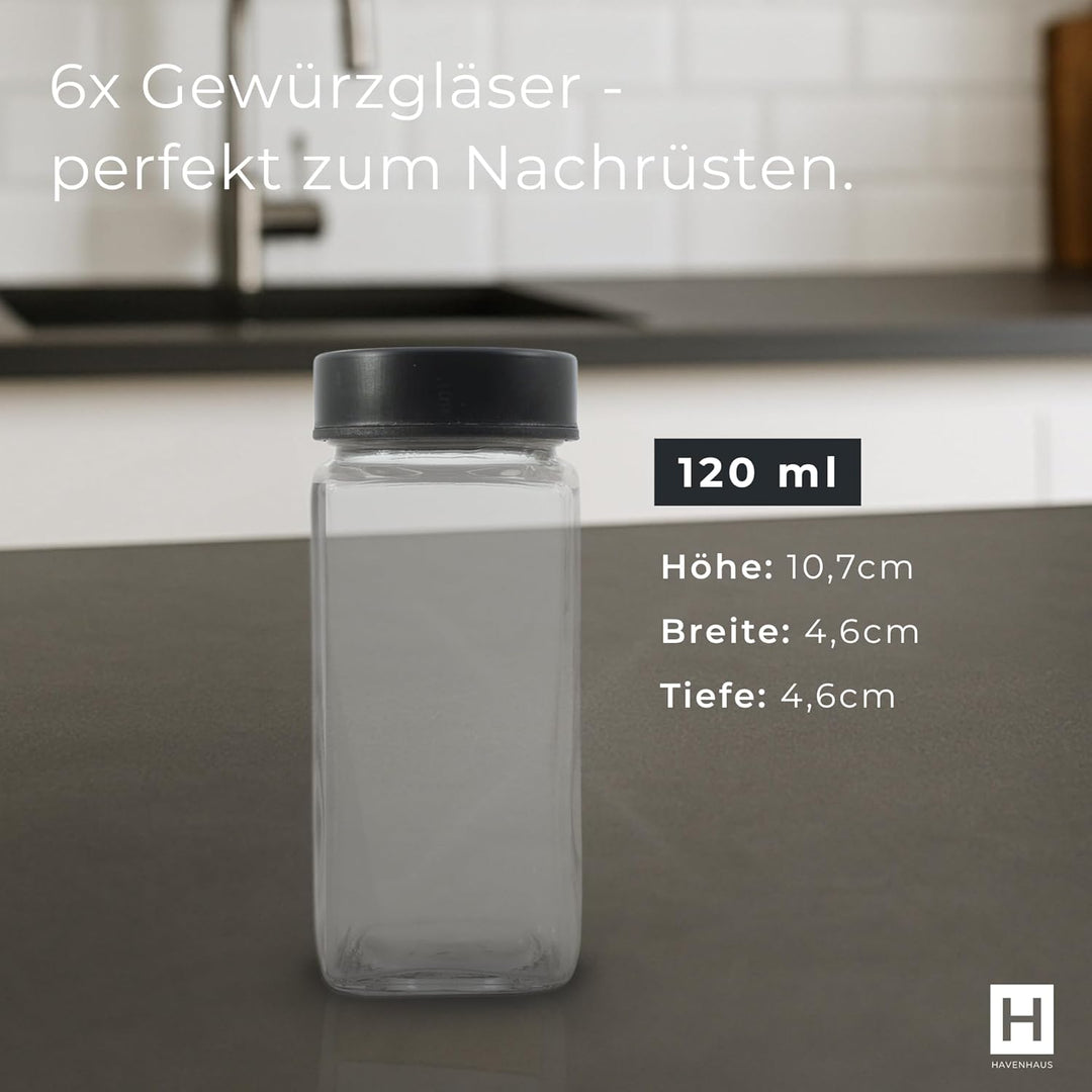Ersatz Gläser Edeslstahl Deckel schwarz | 6x Gewürzgläser als Erweiterung zu unseren Sets | für alle