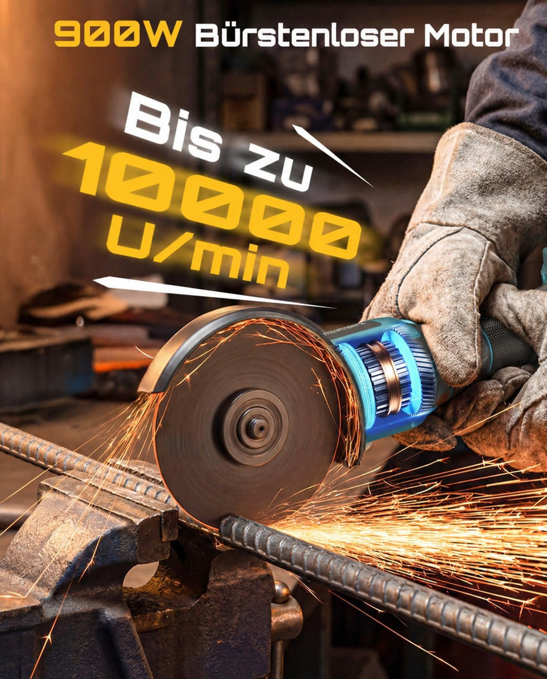 SEESII Akku Winkelschleifer 125 mm, Flex Winkelschleifer mit 2x 4000mAh Akku, 10,000RPM Bürstenloser