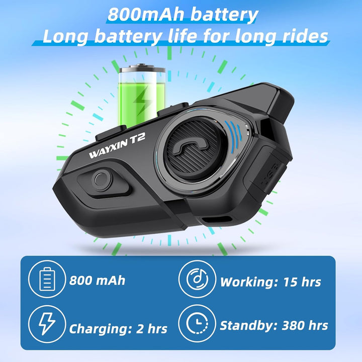 WAYXIN T2 Motorrad Headset mit Gegensprechanlage,Helm Kommunikationssystem für 2 Personen in Reichwe