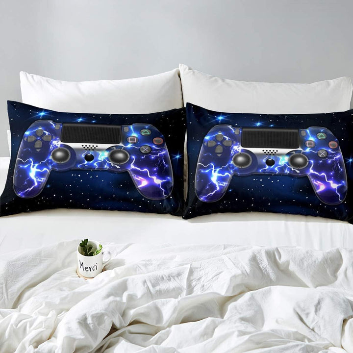 Loussiesd Galaxy Gamepad Bettwäsche Set Lila Lightning Design Gamepad Bettbezug Set für Jungen Video
