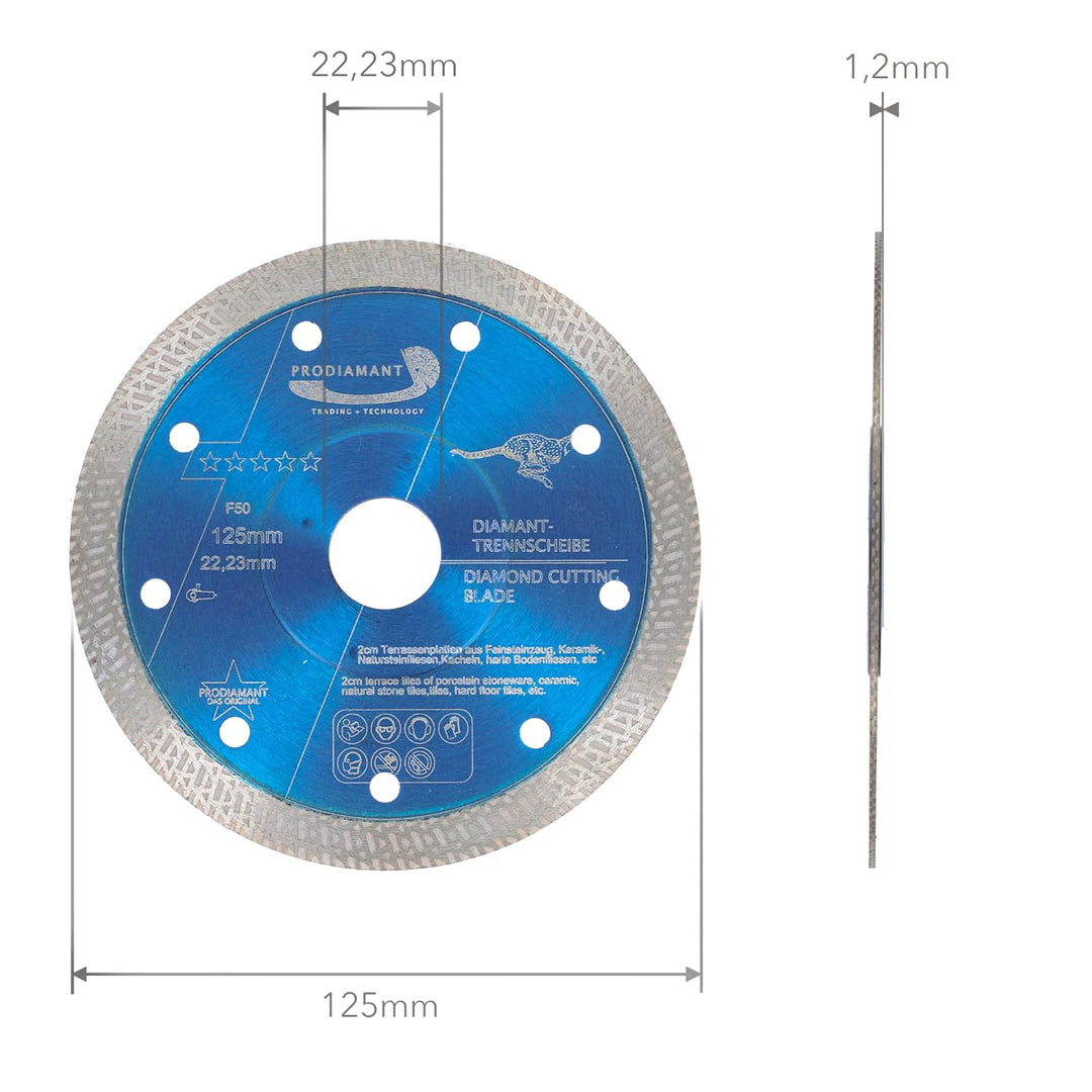 PRODIAMANT Profi Diamant Fliesenscheibe F50 125mm x 22,2mm Fliese Feinsteinzeug extra dünn für bis z
