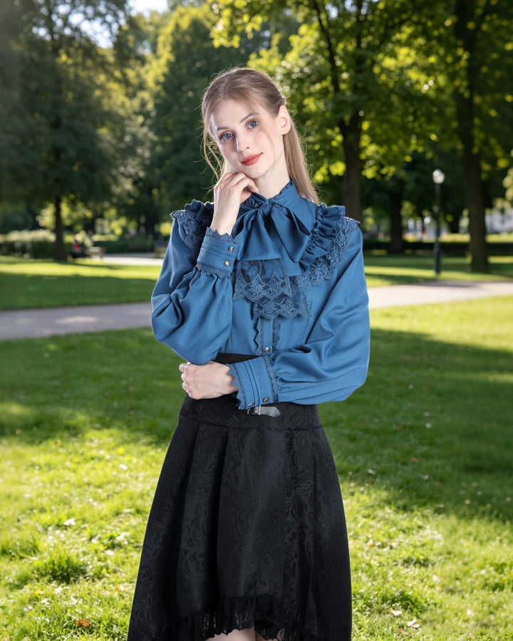 Fiamll Damen Viktorianisch Bluse Vintage Schleifenhemd Stehkragen mit Rüschen Langarmshirt Mittelalt