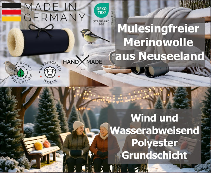 Handmuffen für Rollstühle – Woll-Handwärmer mit 100% Schurwoll-Innenfutter, wetterfester Muffhandsch
