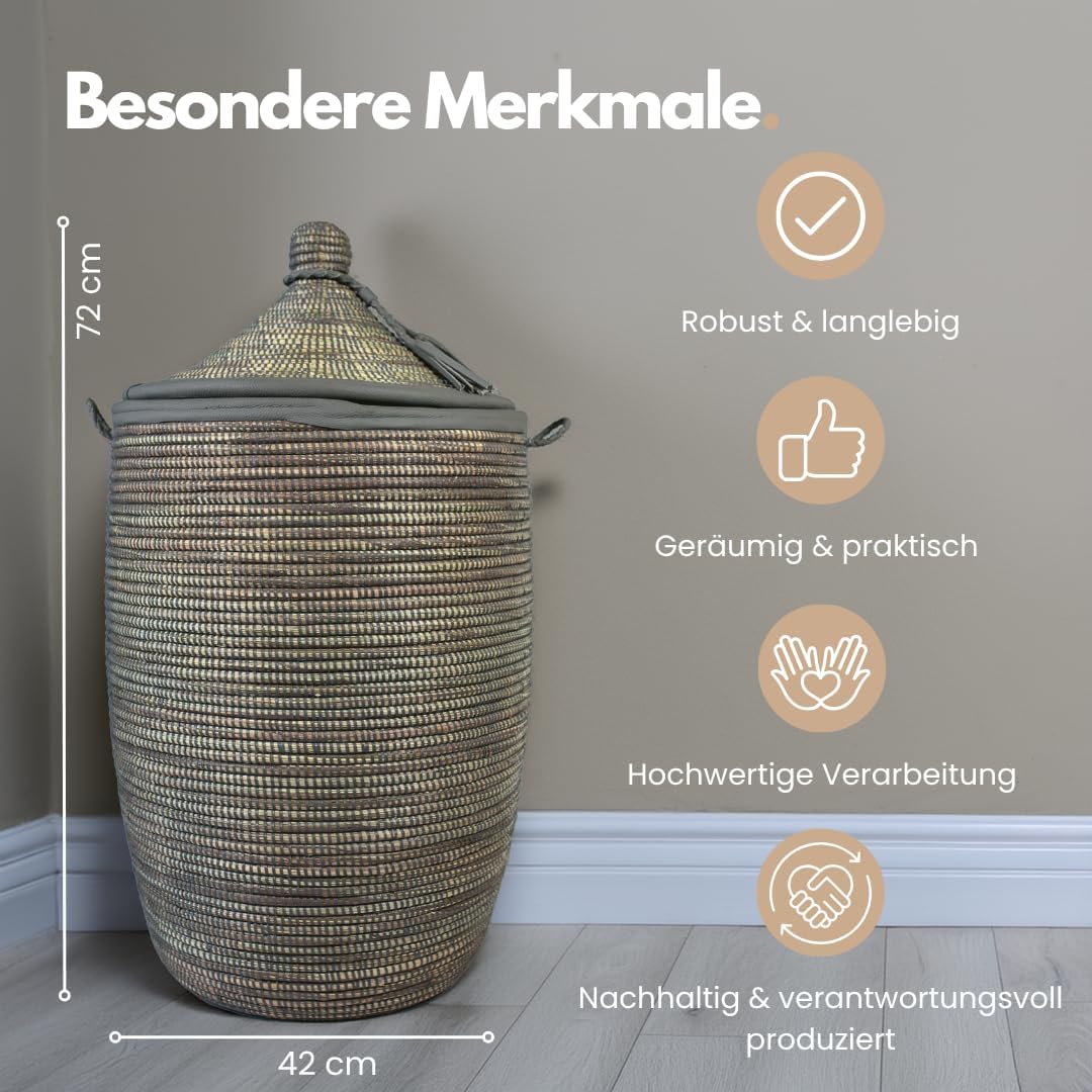 Afrikanischer Wäschekorb mit Deckel | Geflochtener Korb ST. LOUIS | Handgefertigt aus Savannengras u