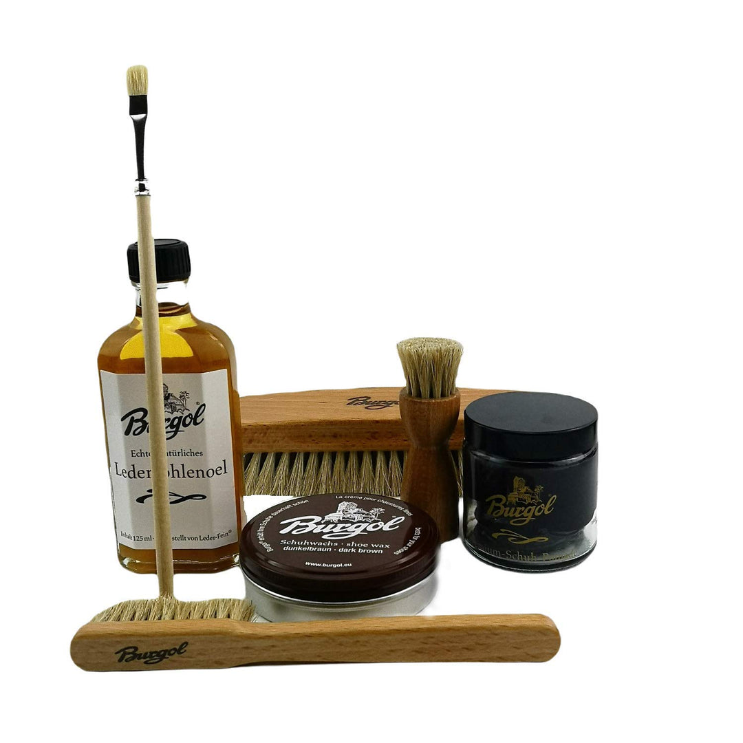 Burgol Schuhpflegeset für rahmengenähte Schuhe dunkelbraun mit Burgol- Bürsten- Ledersohlenöl-Pomade