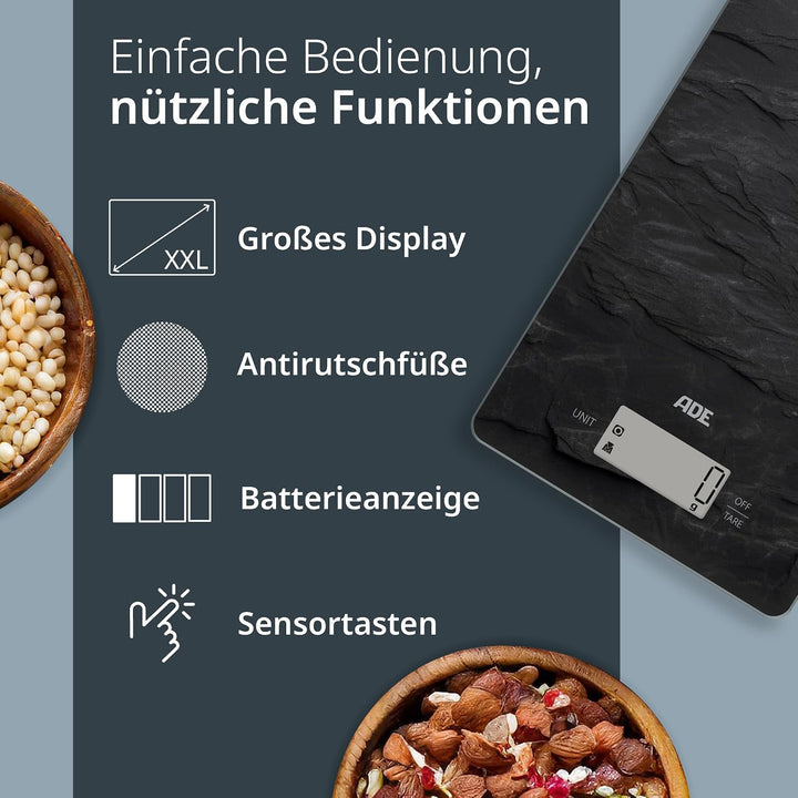 ADE Digitale Küchenwaage | präzise Grammwaage bis 5 kg | grosses Display | inkl. AAA Batterien | seh
