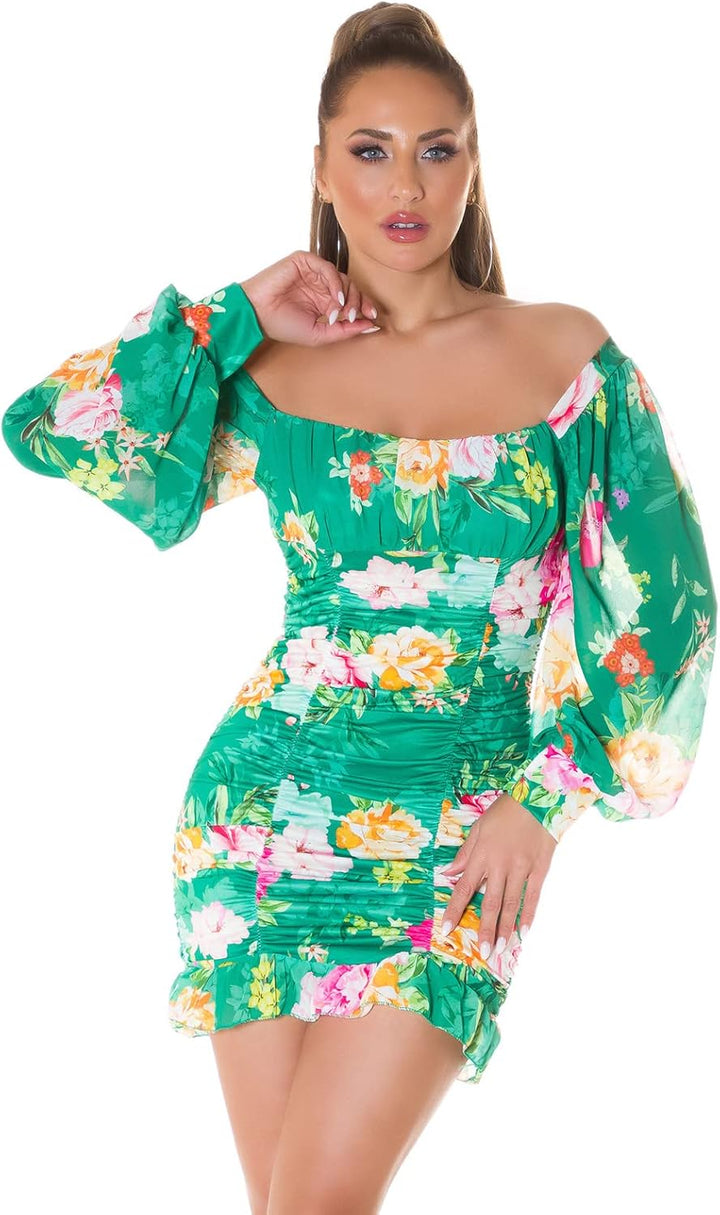 Flower Printed Romantic Off Shoulder Minikleid mit Ballon-Ärmel Einheitsgrösse Grün, Einheitsgrösse