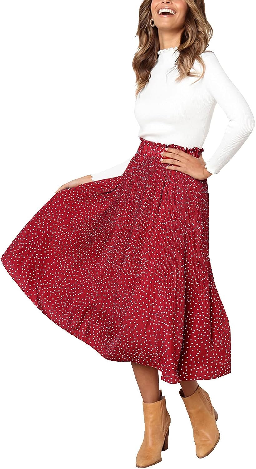 Hoerev Frauen Print Punkt mit Taschen Falten Langer Rock Beach Party Maxi Rock S Rot Punkt, S Rot Pu