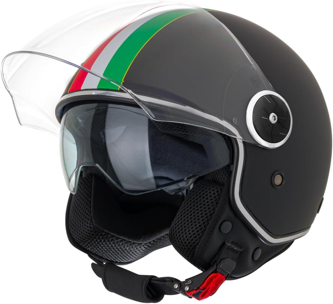 VINZ Neiva Jethelm mit Doppelvisier | Roller Helm mit Italienische Flagge & mit Sonnenblende | In Gr