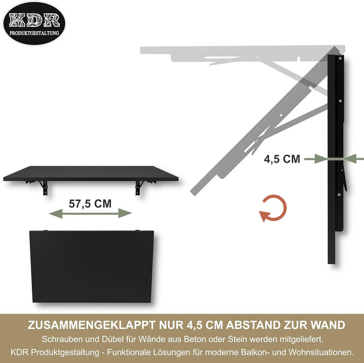 KDR Wandklapptisch 80x50 cm Schwarz – Klappbarer Tisch zur Wandmontage – als Esstisch, Schreibtisch,