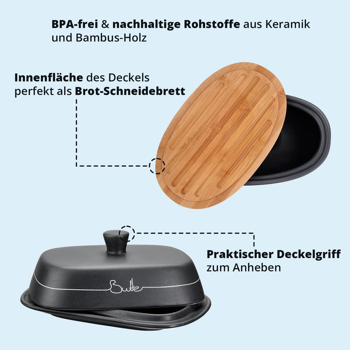 KHG Brotkasten Butterdose Set 2-teilig, Keramik Steingut poliert, Anthrazit Grau, Holz Deckel Bambus