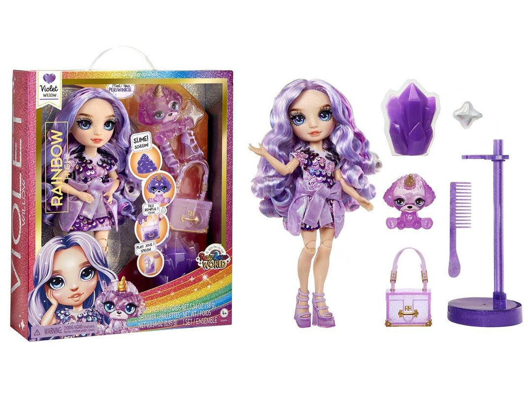 Rainbow High Modepuppe mit Schleim & Haustier - Violet (Lila) - 28 cm Schimmernde Puppe mit Glitzers