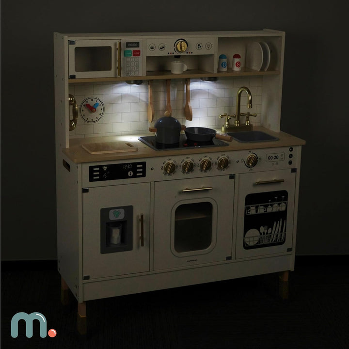 Mamabrum Holz-Kinderküche mit LED-Beleuchtung - Höhenverstellbare Spielküche Set mit Eiswürfelbereit