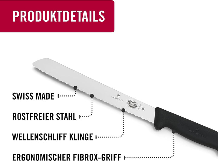 Victorinox Fibrox Brotmesser mit Wellenschliff, Scharfes Küchenmesser für Kuchen und Backwaren, 21 c
