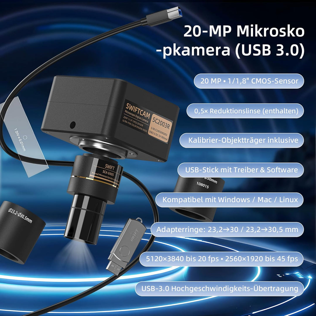 SWIFT Swiftcam SC2003R-CK – 20-MP Kamera für Mikroskope, USB-3.0-Direktkopplung, 0,5× Reduktionsopti
