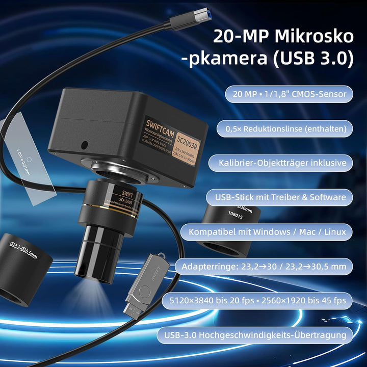 SWIFT Swiftcam SC2003R-CK – 20-MP Kamera für Mikroskope, USB-3.0-Direktkopplung, 0,5× Reduktionsopti