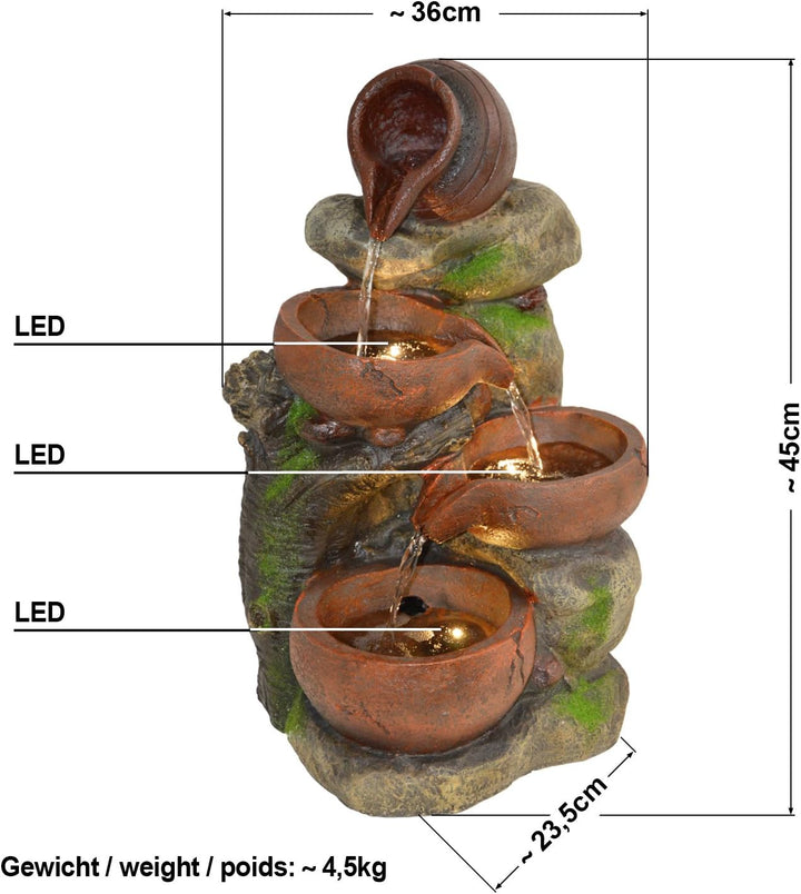AMUR Gartenbrunnen Brunnen Zierbrunnen Zimmerbrunnen Brunnen mit LED-Licht 230V Wasserfall Wasserspi
