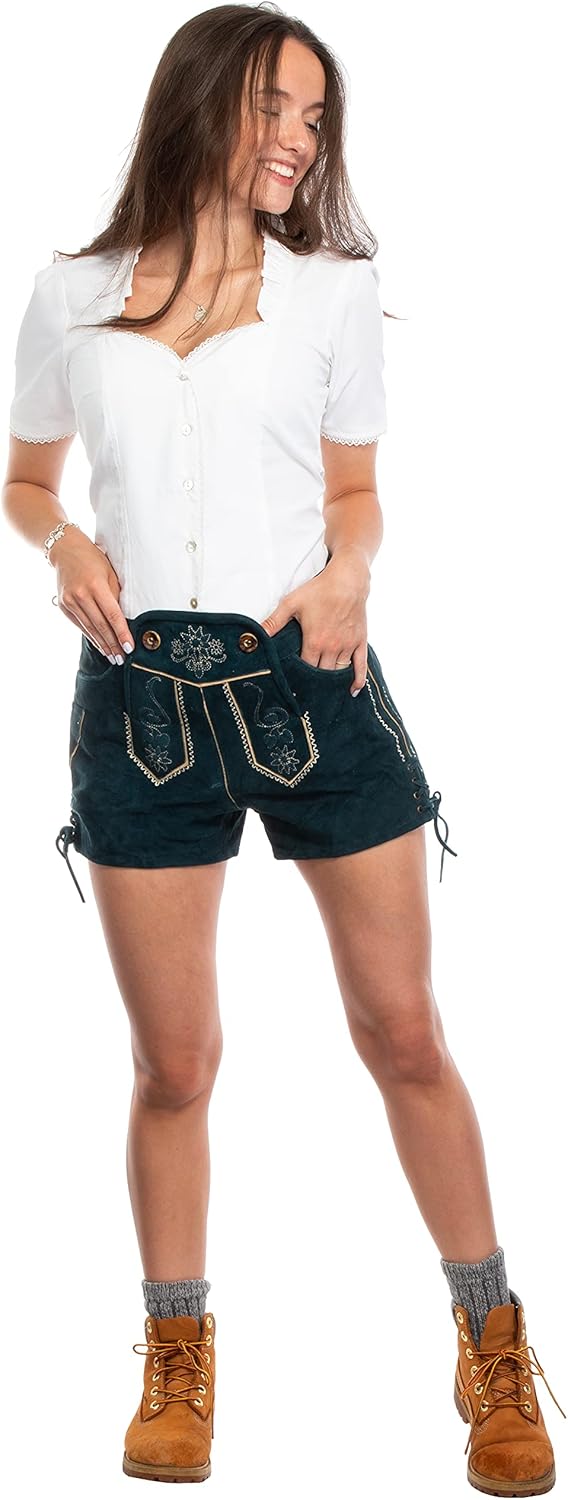 Brandsseller Trachten Lederhose Damen Kurz Hellbraun Türkis – Gr. 36 38 40 42 44 –Oktoberfest 40 Tür