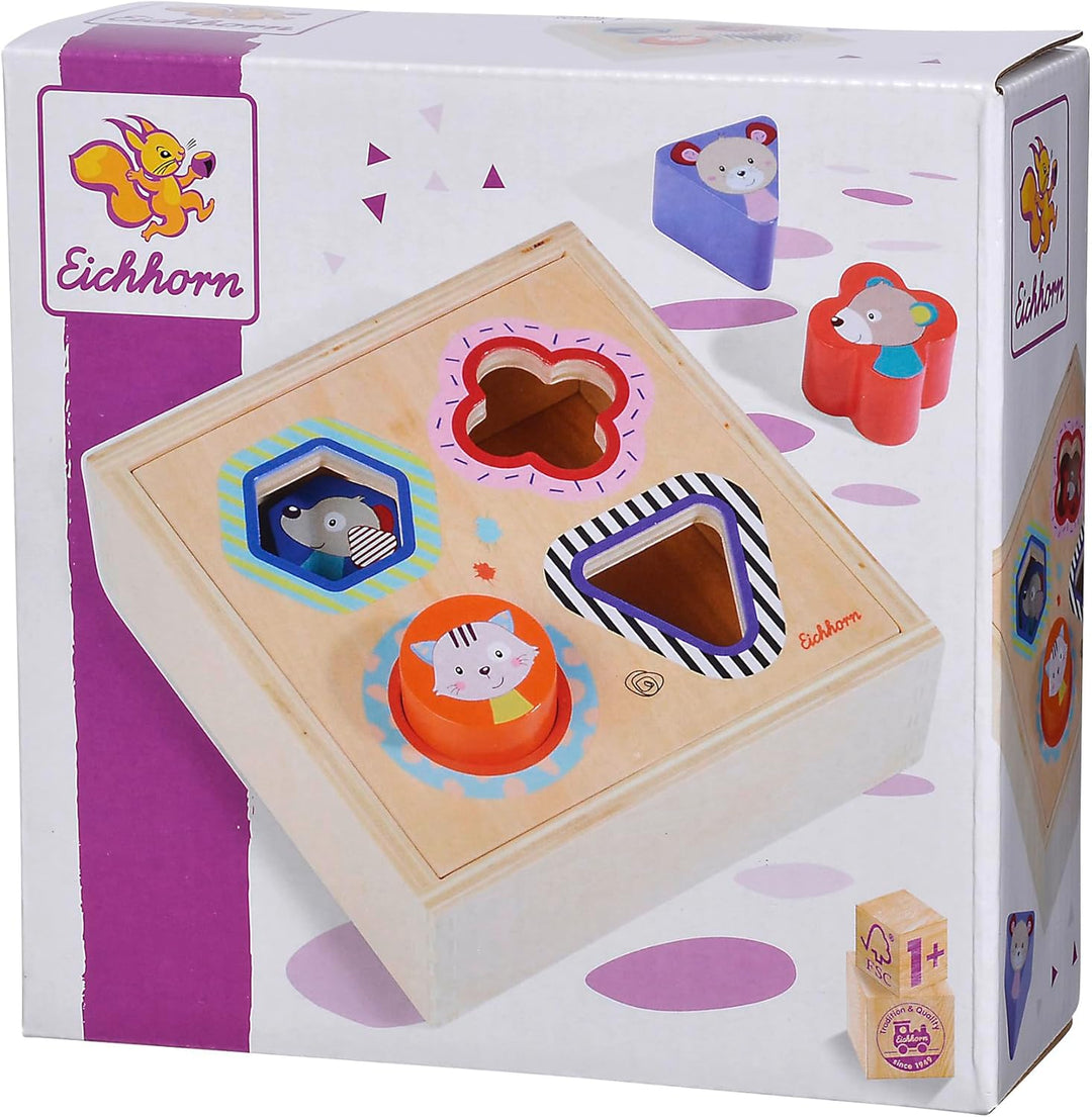 Eichhorn - Steckbox Friends, Holzkasten mit 4 Steckelementen Formen, 5 teilig, 6x17x17cm, 100% FSC Z