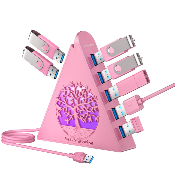 7-Port USB 3.0 Hub, RGB USB Hub mit RGB Baumlicht und 0,6m Kabel, USB Hub 3.0 Rosa USB Expander für