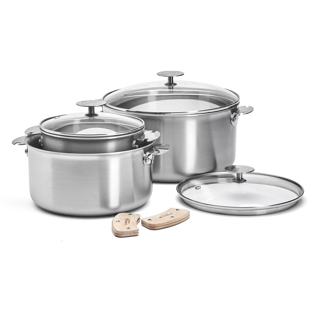 ALCHIMY LOQY Topfset 3-teilig, Edelstahl, 3-lagig, 2 abnehmbare Griffe aus Buchenholz LOQY und 3 Gla