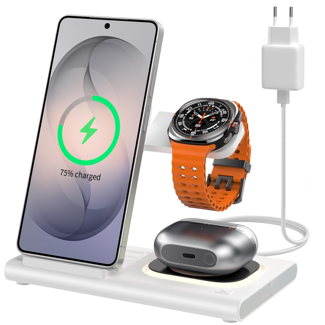 3 in 1 Ladestation für Samsung[Faltbar & Nachtlicht], Induktive Ladestation für Samsung S26/S25/S24/