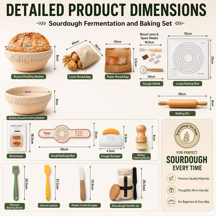 17 Stück Sauerteig Starter Set mit Gärkörbchen (2 Stück, 25cm), Gärkorb Brot Brotbackzubehör Mit Sau