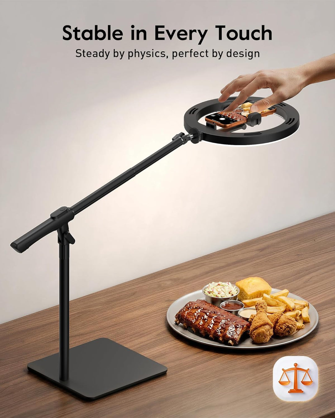 Overhead Stativ Handy mit Ringlicht Schreibtisch – Stabil Ringlicht mit Stativ für Küche, Einstellba