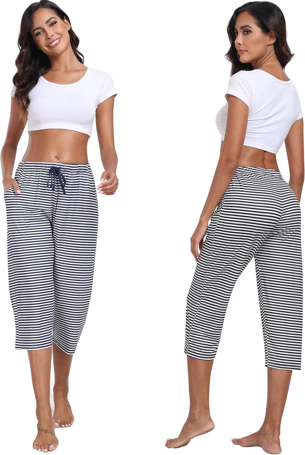 MoFiz Damen Schlafanzughose 3/4 Lang Schlafhose Modal Nachtwäsche Weich Pyjamahose Freizeithose mit