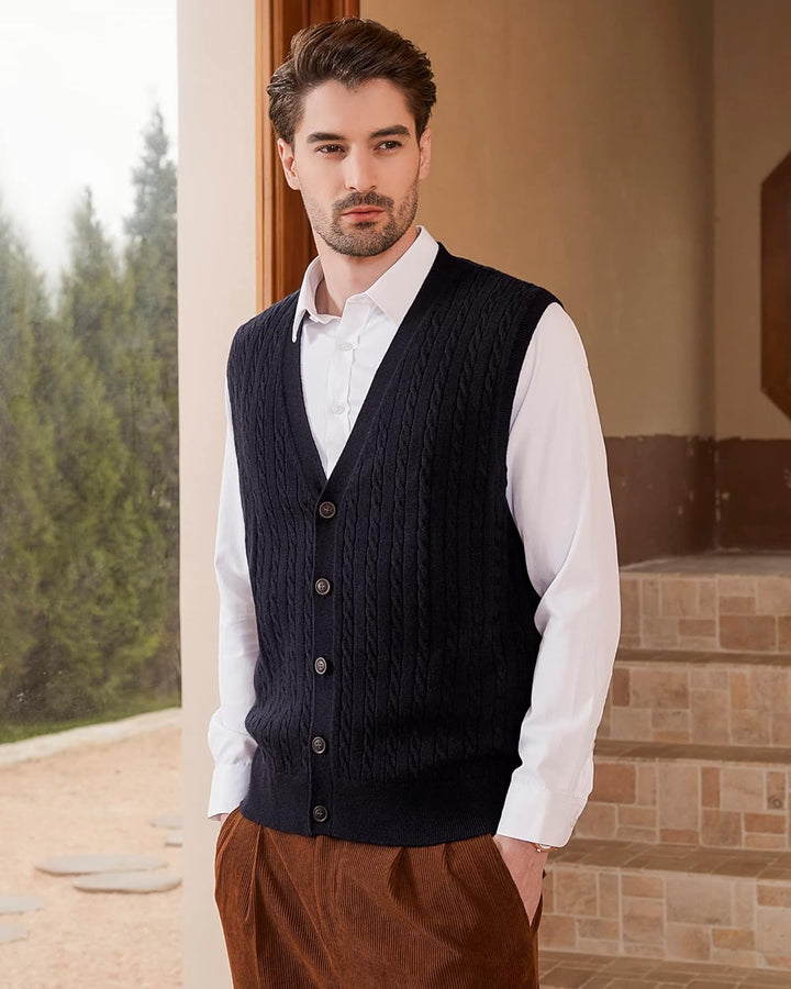Kallspin Herren Strickweste Ärmellos Cardigan Wollmischung mit Zopfmuster und Knöpfen S Schwarz, S S