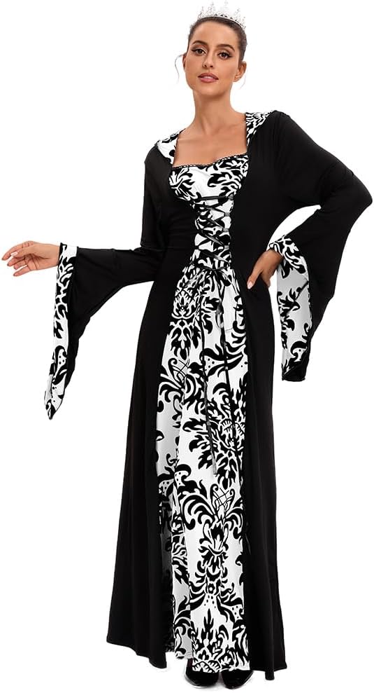 Damen Retro Mittelalter Kleid mit Trompetenärmel, Mittelalterliche Viktorianischen Königin Kleider R