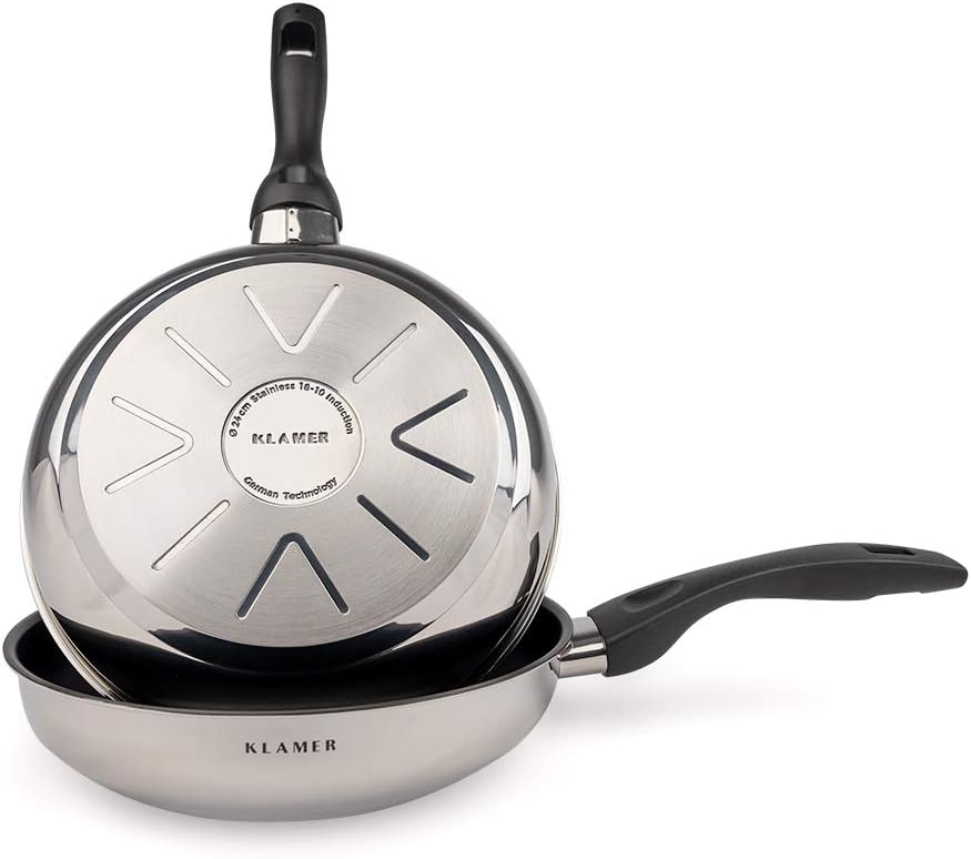 KLAMER Pfanne 24 cm, Profi Edelstahl-Bratpfanne, Induktionspfanne mit Premium Beschichtung, Pfanne 2