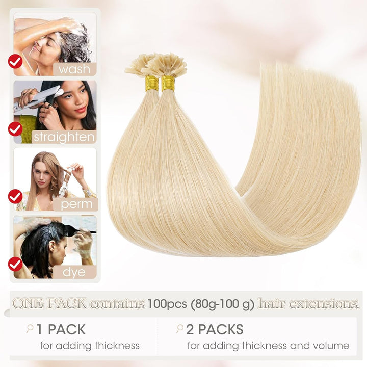 Elailite Extensions Echthaar Bonding 1g/s 45cm #60 Platinblond U Tip Hair Extensions Haarverlängerun