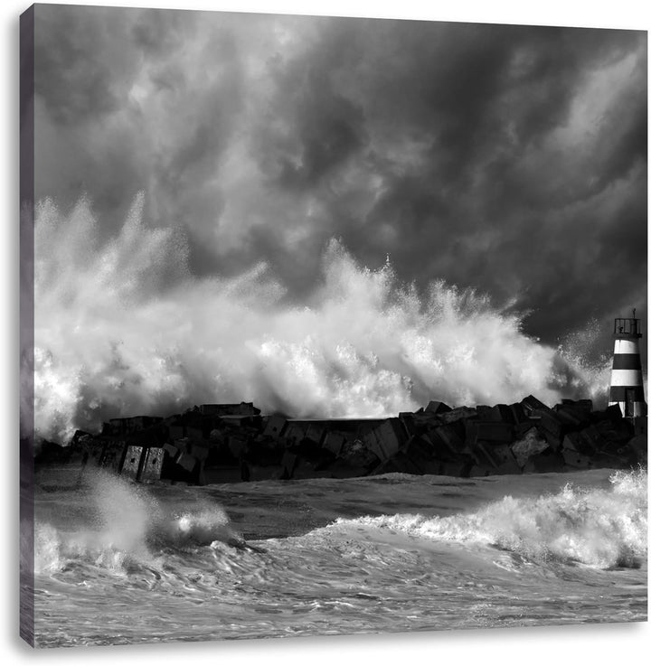 Pixxprint Tobendes Meer mit Leuchtturm Schwarz/Weiss, Format: 70x70 auf Leinwand, 70x70