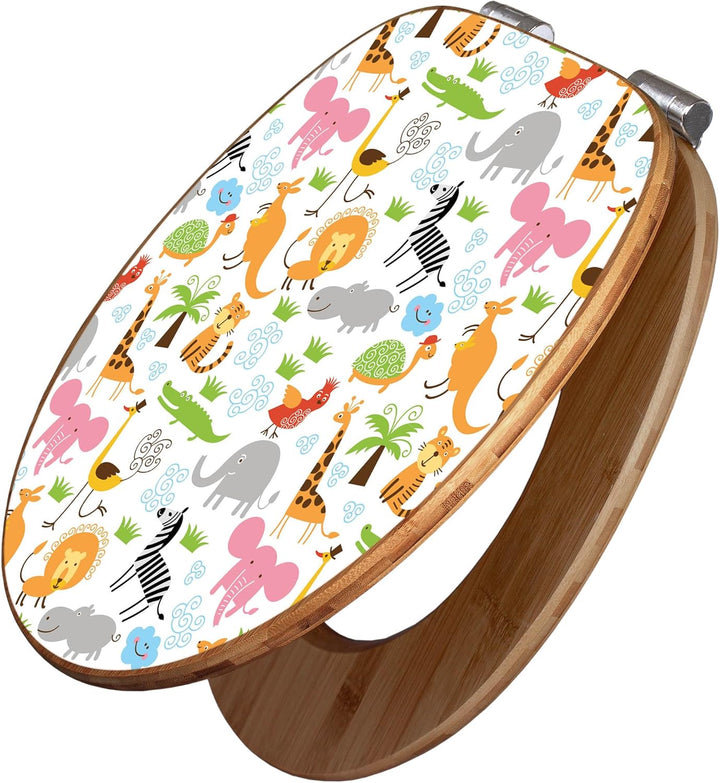 banjado® Design WC Sitz Bambus Absenkautomatik mit Motiv Fröhliche Tiere/Toilettendeckel mit Absenka